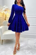 One Shoulder Velvet Lantern Sleeve Cinched Dress - Image 3