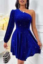One Shoulder Velvet Lantern Sleeve Cinched Dress - Image 5