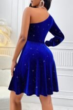 One Shoulder Velvet Lantern Sleeve Cinched Dress - Image 6