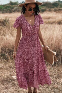 V Neck Polka Dot Short Sleeve Dress