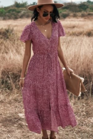 V Neck Polka Dot Short Sleeve Dress