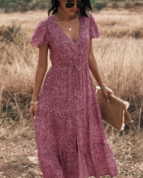 v neck polka dot short sleeve dress