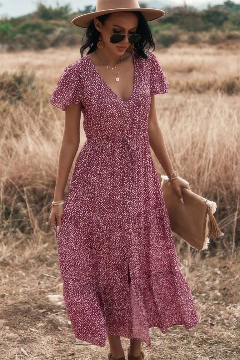 V neck polka dot short sleeve dress