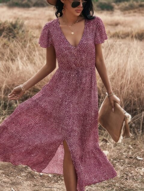 V Neck Polka Dot Short Sleeve Dress