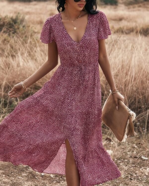 V Neck Polka Dot Short Sleeve Dress