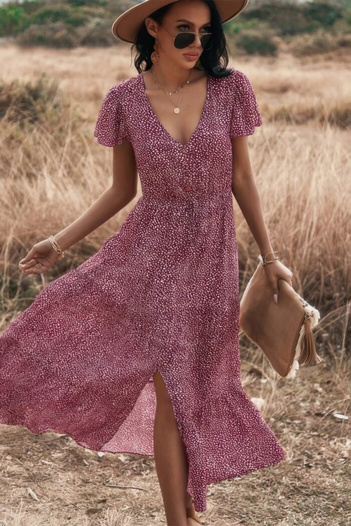 V Neck Polka Dot Short Sleeve Dress - Image 2