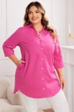 Plus A Line Button Loose Fit Pockets Solid Dress - Image 2