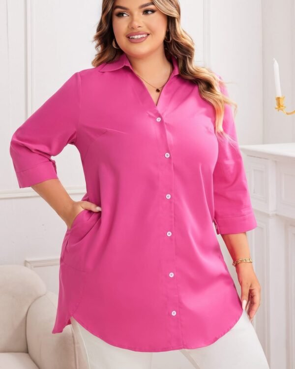 Plus A Line Button Loose Fit Pockets Solid Dress