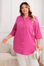 Plus A Line Button Loose Fit Pockets Solid Dress - Image 3