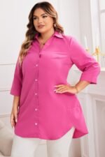 Plus A Line Button Loose Fit Pockets Solid Dress - Image 4