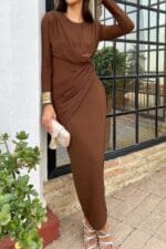 Elegant Round Neck Solid Ruched Wrap Hem Dress