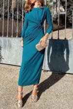 Elegant Round Neck Solid Ruched Wrap Hem Dress