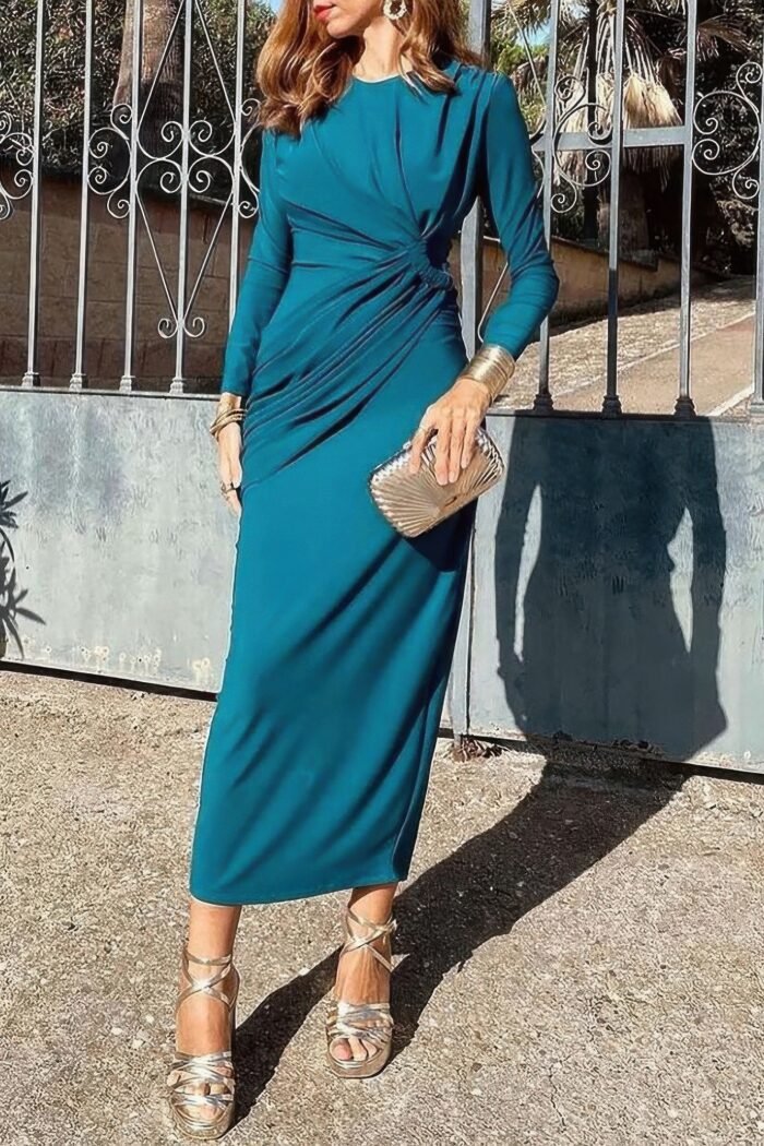 Elegant Round Neck Solid Ruched Wrap Hem Dress - Image 6