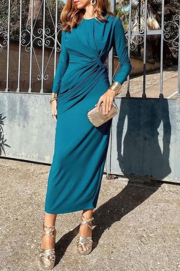 Elegant round neck solid ruched wrap hem dress