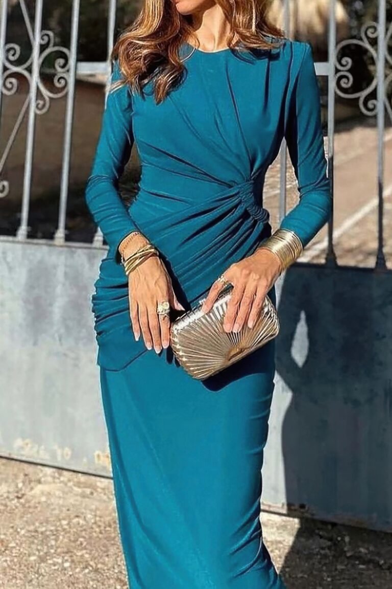 Elegant round neck solid ruched wrap hem dress