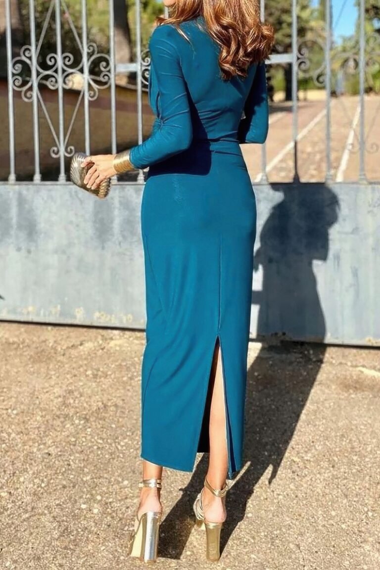 Elegant round neck solid ruched wrap hem dress