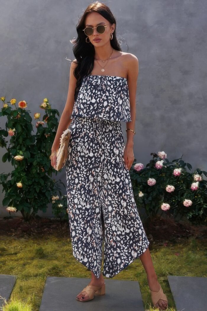 Allover print wide leg tube jumpsuit
