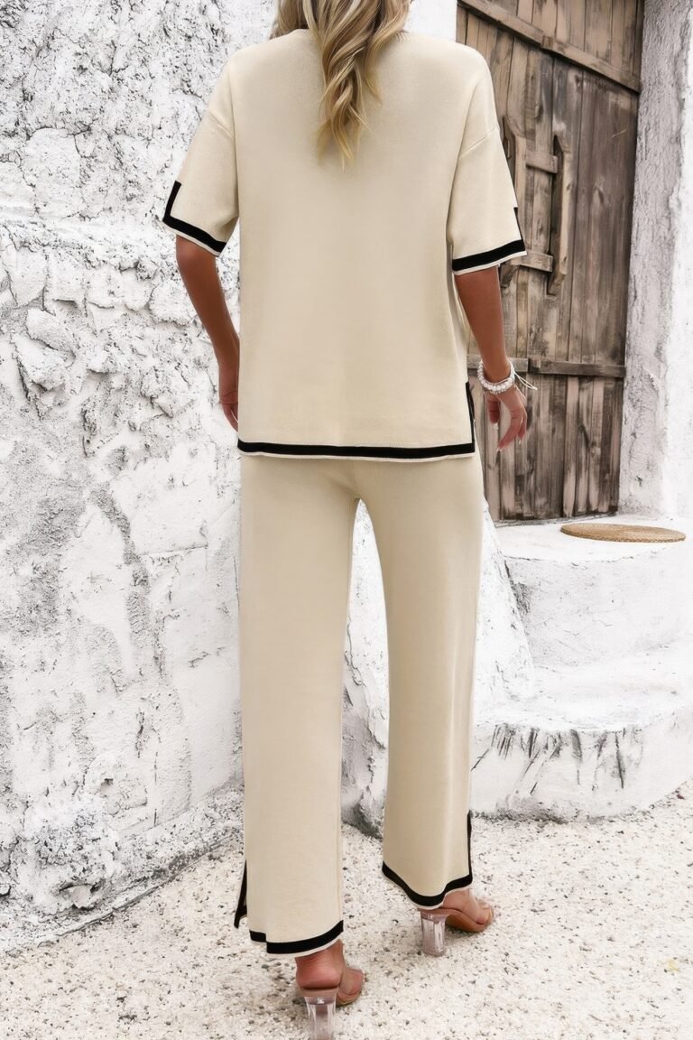 Two pieces outfits knit short sleeve wide leg lounge set