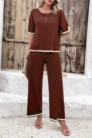 Two Pieces Outfits Knit Short Sleeve Wide Leg lounge set