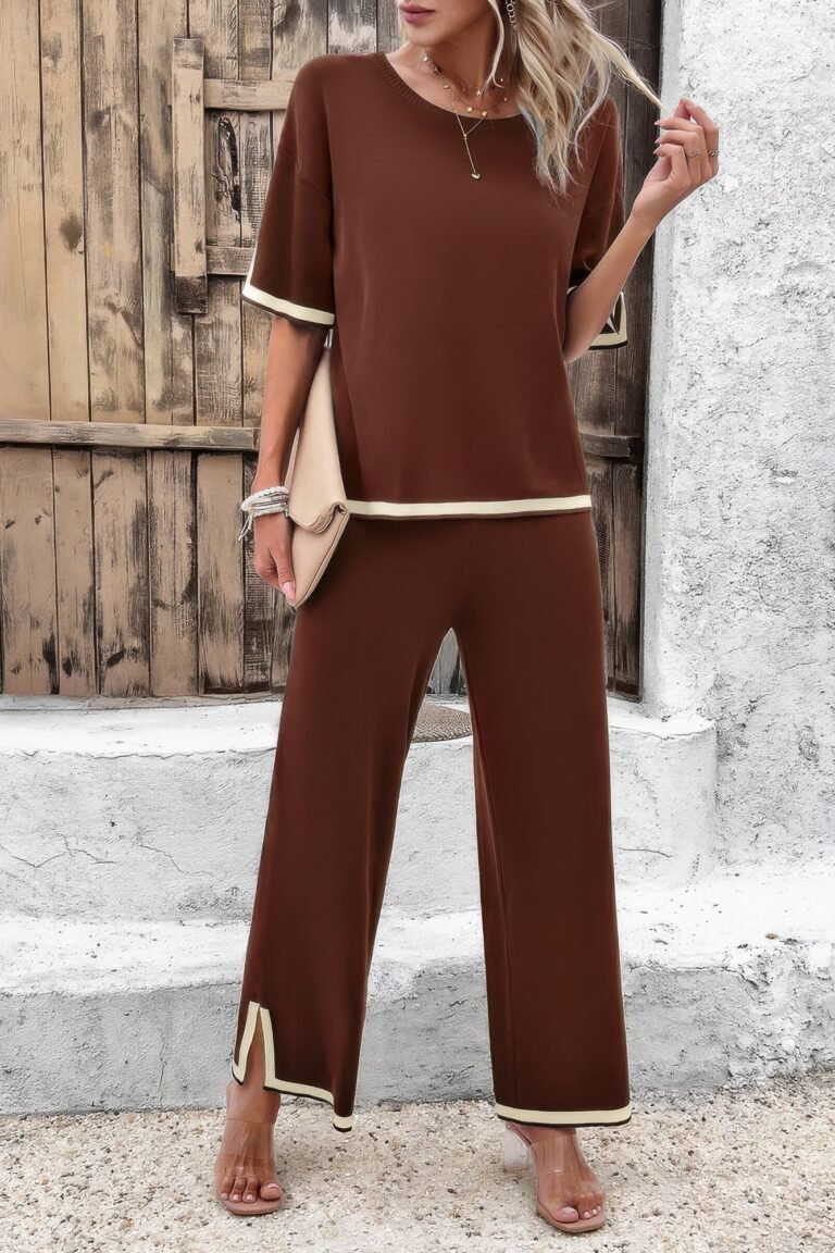 Two pieces outfits knit short sleeve wide leg lounge set