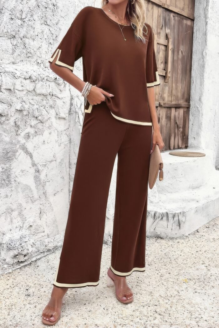 Two Pieces Outfits Knit Short Sleeve Wide Leg lounge set - Image 10