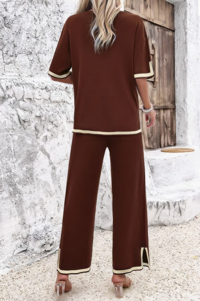 Two pieces outfits knit short sleeve wide leg lounge set