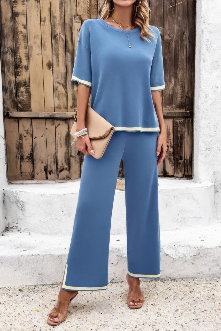 Two pieces outfits knit short sleeve wide leg lounge set
