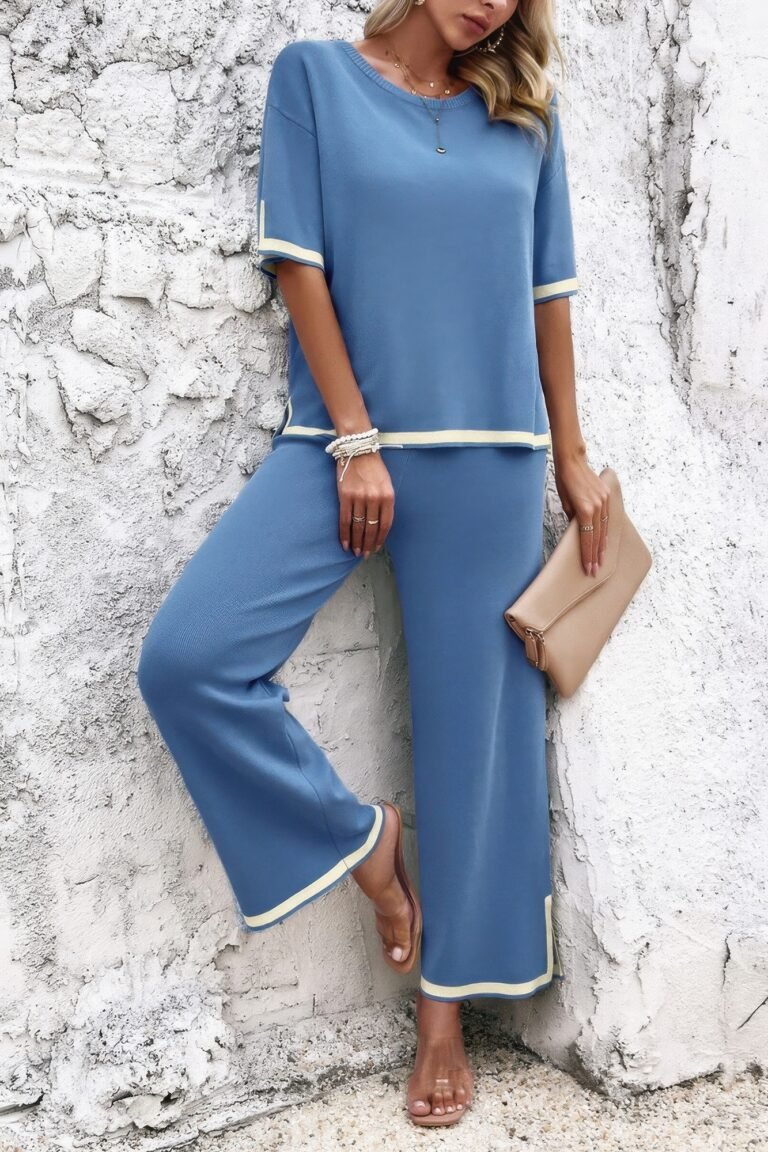 Two pieces outfits knit short sleeve wide leg lounge set