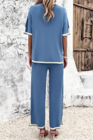 Two Pieces Outfits Knit Short Sleeve Wide Leg lounge set