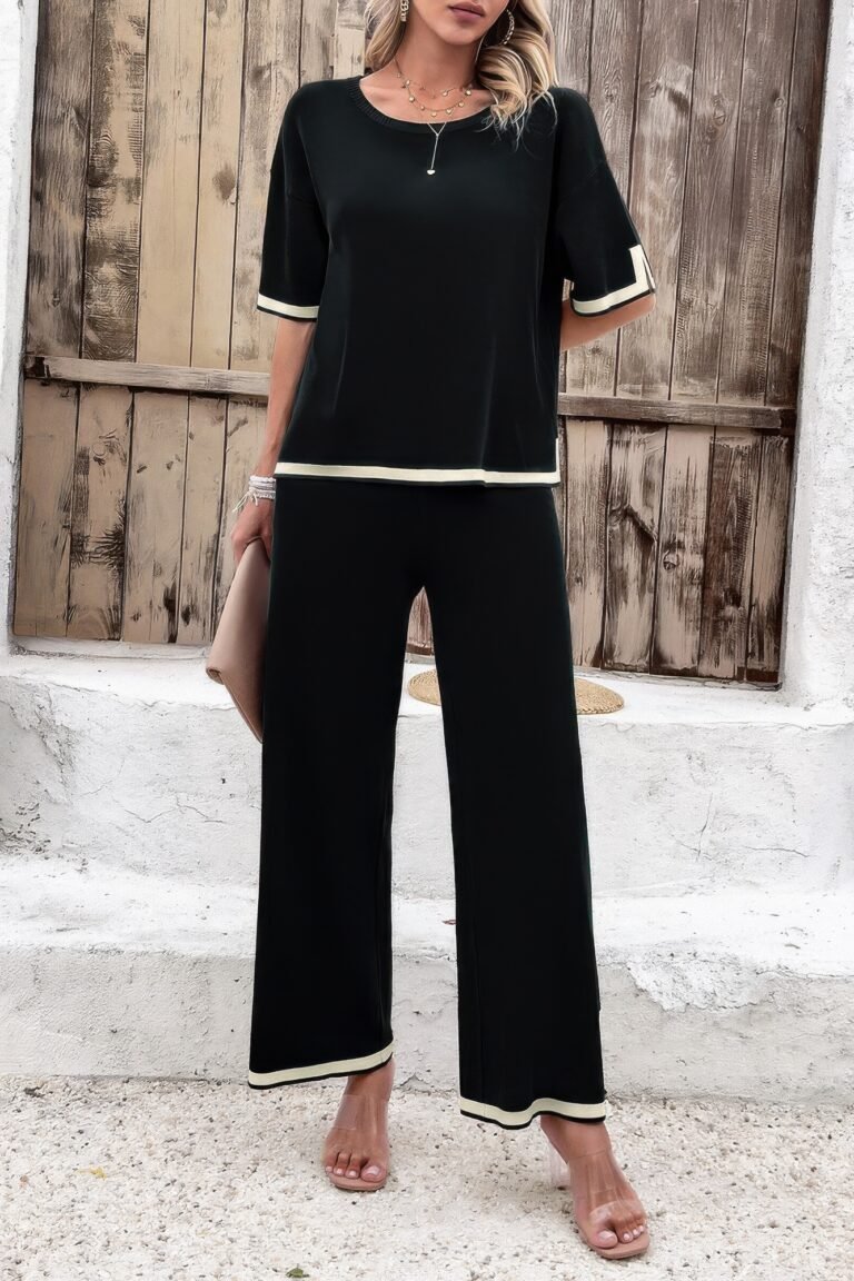 Two pieces outfits knit short sleeve wide leg lounge set