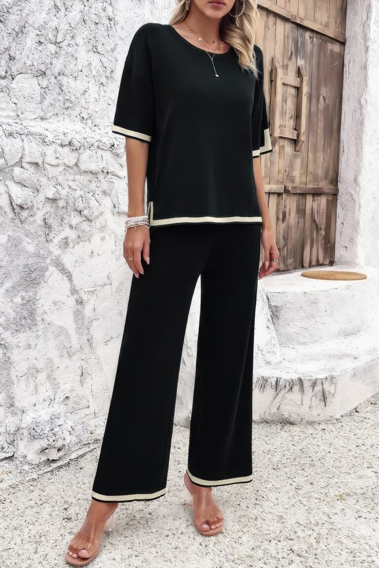 Two pieces outfits knit short sleeve wide leg lounge set