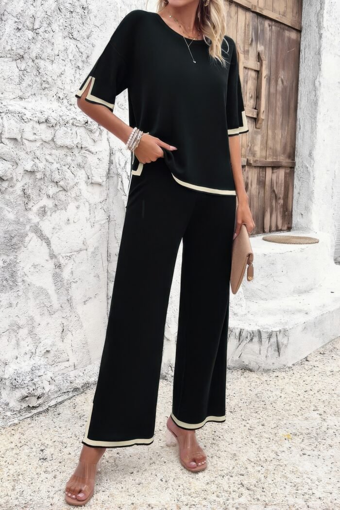 Two Pieces Outfits Knit Short Sleeve Wide Leg lounge set - Image 20