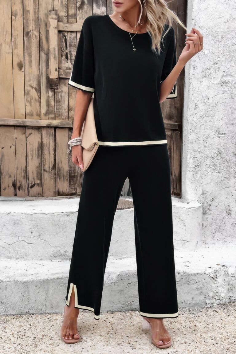 Two pieces outfits knit short sleeve wide leg lounge set