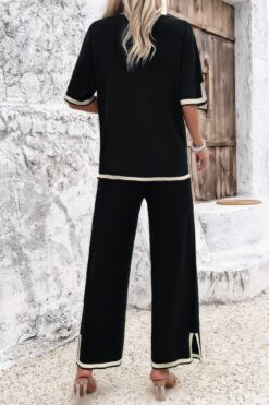 Two Pieces Outfits Knit Short Sleeve Wide Leg lounge set