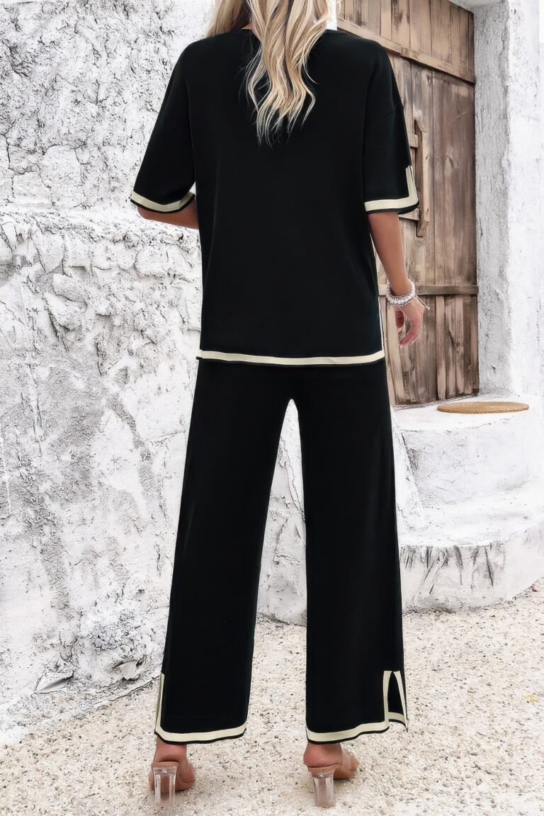 Two pieces outfits knit short sleeve wide leg lounge set
