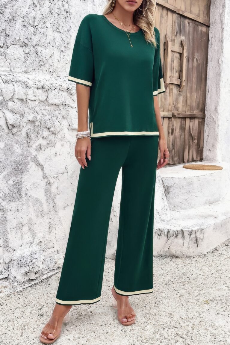 Two pieces outfits knit short sleeve wide leg lounge set