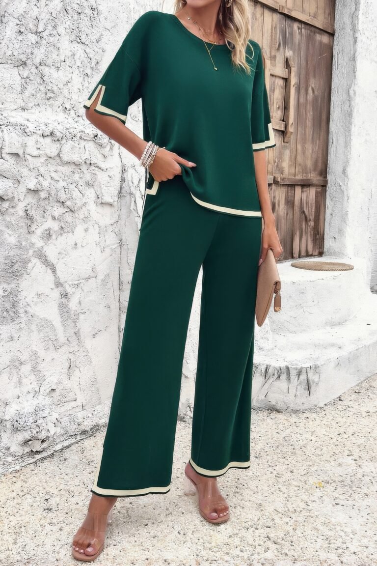 Two pieces outfits knit short sleeve wide leg lounge set