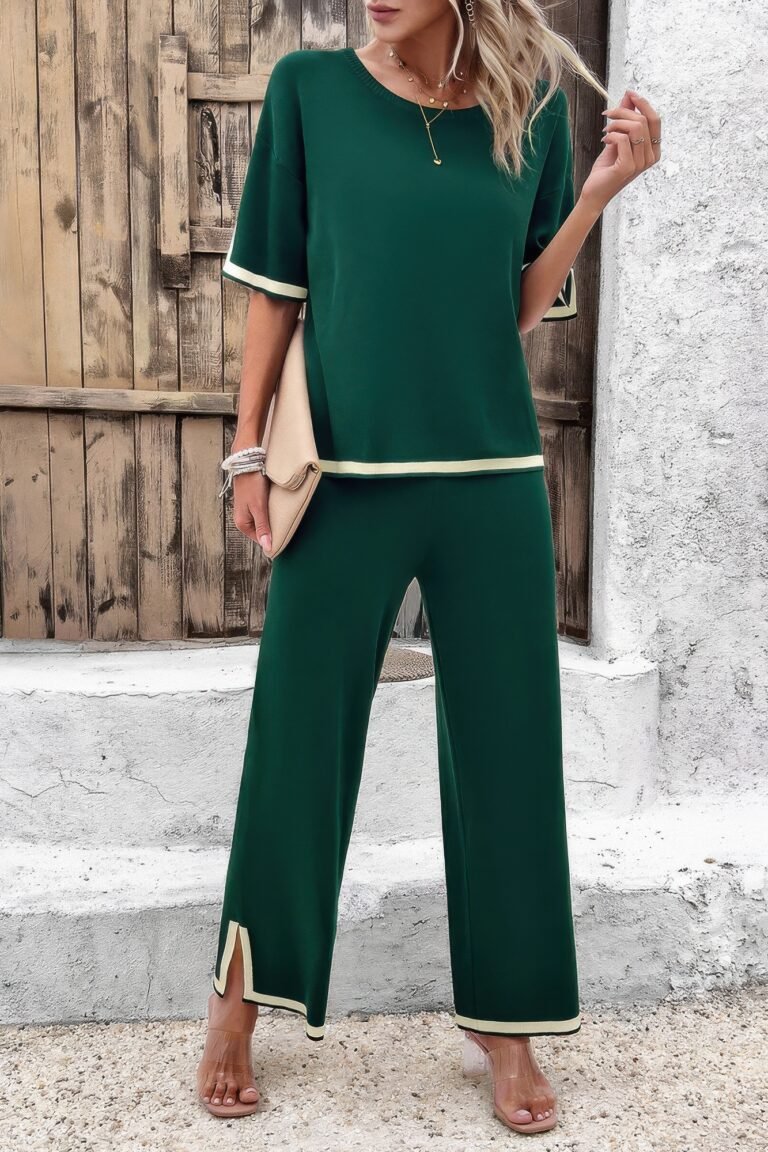 Two pieces outfits knit short sleeve wide leg lounge set