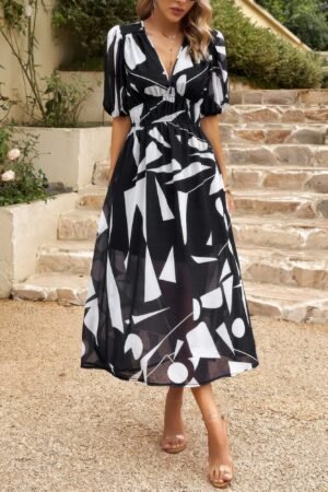 Bohemian V Neck Elastic Waisted Band Midi Dress