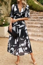 Bohemian V Neck Elastic Waisted Band Midi Dress - Image 2