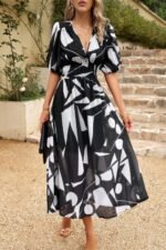 Bohemian V Neck Elastic Waisted Band Midi Dress - Image 4