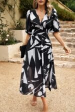 Bohemian V Neck Elastic Waisted Band Midi Dress - Image 5