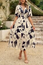 Bohemian V Neck Elastic Waisted Band Midi Dress - Image 7