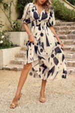 Bohemian V Neck Elastic Waisted Band Midi Dress - Image 9