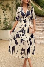 Bohemian V Neck Elastic Waisted Band Midi Dress - Image 10