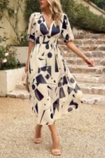 Bohemian V Neck Elastic Waisted Band Midi Dress - Image 11