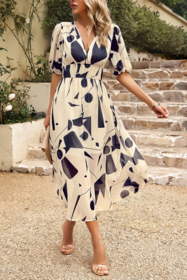 Bohemian v neck elastic waisted band midi dress - image 11