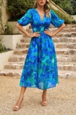 Bohemian V Neck Elastic Waisted Band Midi Dress - Image 13