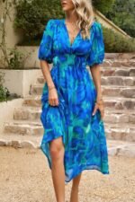 Bohemian V Neck Elastic Waisted Band Midi Dress - Image 14