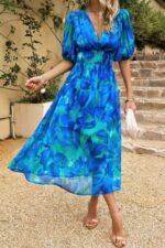 Bohemian V Neck Elastic Waisted Band Midi Dress - Image 15